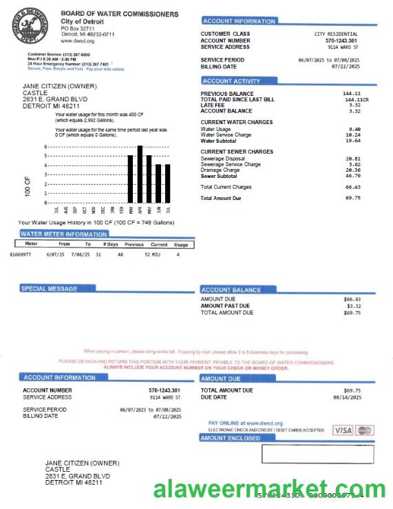 USA Board of Water Commissioners utility bill template in Word and PDF formats